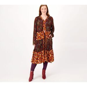 LOGO by Lori Goldstein Multi-Print Long Cardigan Coat in Burgundy & Mustard